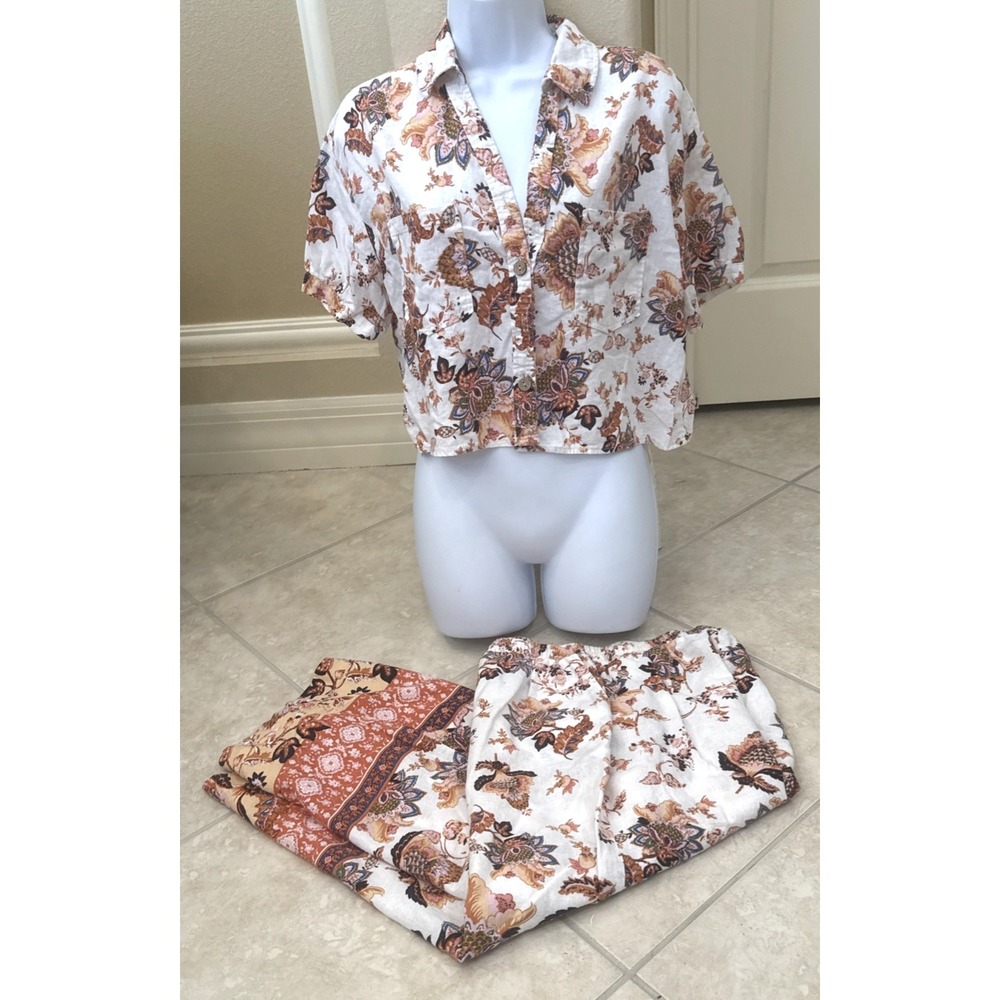 Rachel Roy 2-Piece Set White Floral Top & Wide Leg Crop Pants Linen Blend Sz M